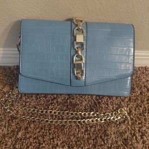 Blue reptile print purse with gold chain strap